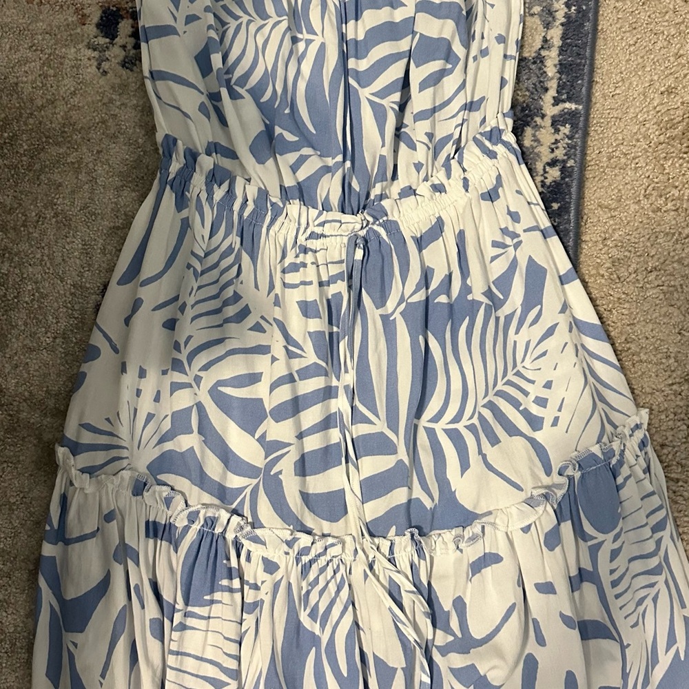 Blue and White Leaf Print Dress